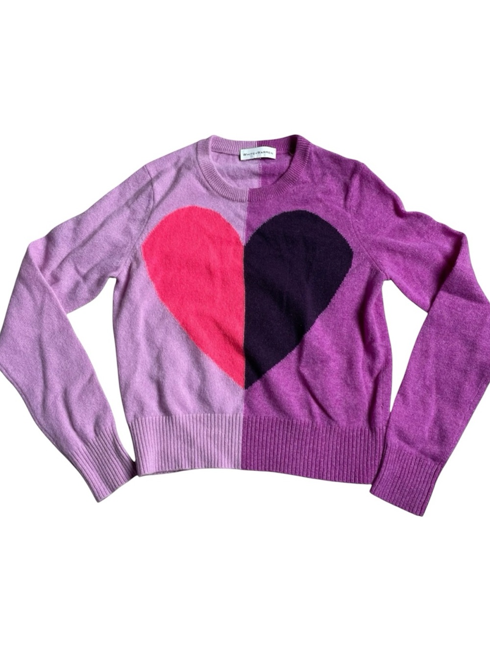 White + Warren Two-Tone Purple Crewneck Sweater with Pink & Dark Heart